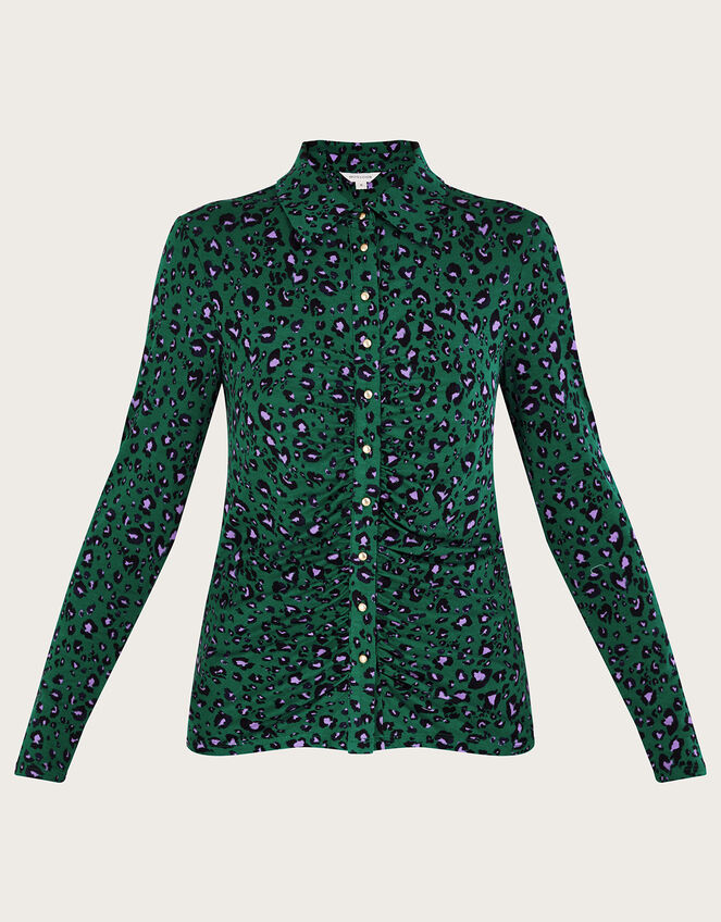 Leopard Print Ruched Jersey Shirt, Green (GREEN), large
