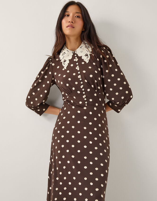 Paris Polka Dot Jersey Midi Dress, Brown (CHOCOLATE), large