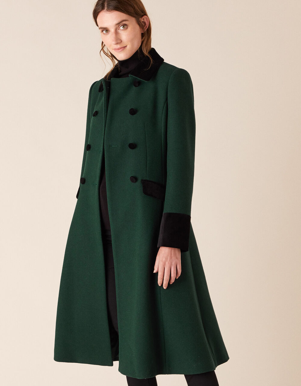 Opera Skirted Coat in Wool Blend Green Women's Coats Monsoon Global.