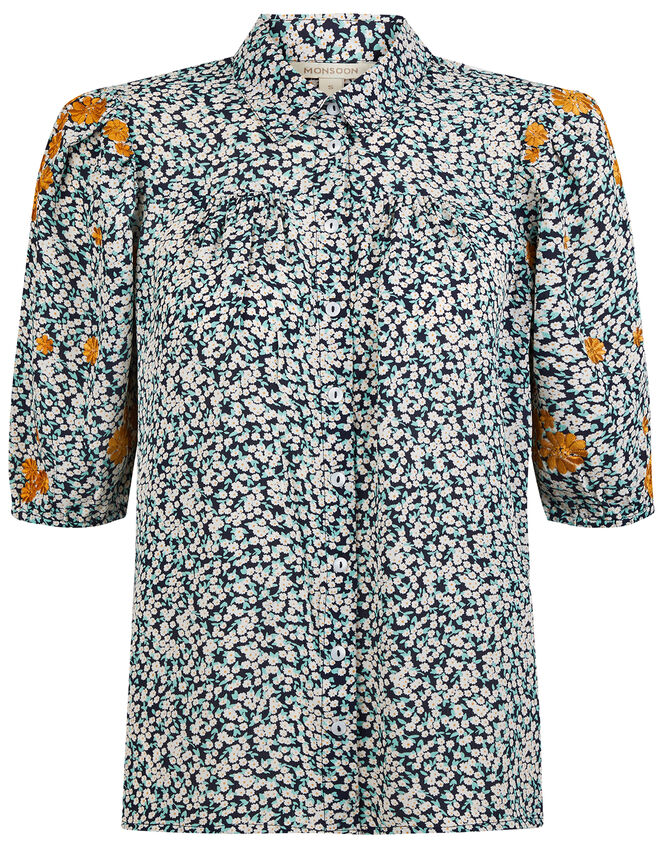 Ditsy Floral Embroidered Shirt in Sustainable Viscose, Ivory (IVORY), large