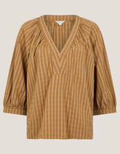 Suzi 3/4 Sleeve Check Top, TOFFEE, large