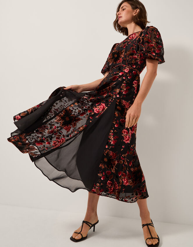 Carolyn Midi Devoré Dress, Black (BLACK), large