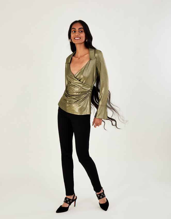 Angela Foil Wrap Blouse, Gold (GOLD), large