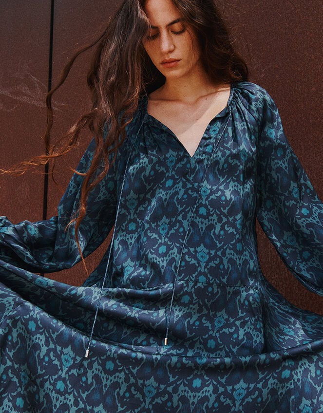 East Bridget Printed Satin Midi Dress, Teal (TEAL), large