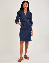 Denim V-Neck Belted Midi Dress, Blue (DENIM BLUE), large