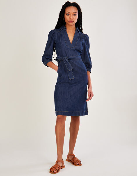 Denim V-Neck Belted Midi Dress, Blue (DENIM BLUE), large