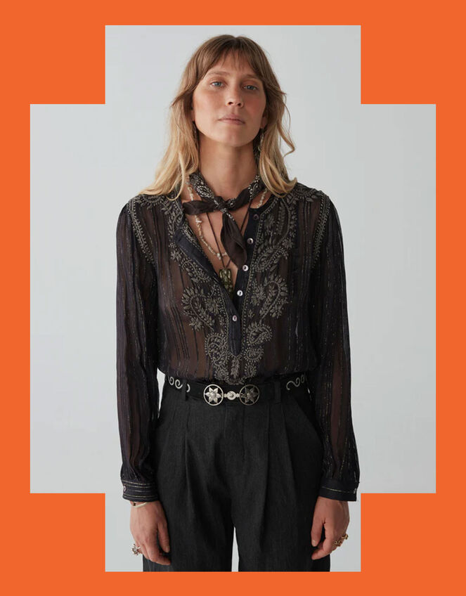 Kate Metallic Embroidered Blouse, Black (BLACK), large