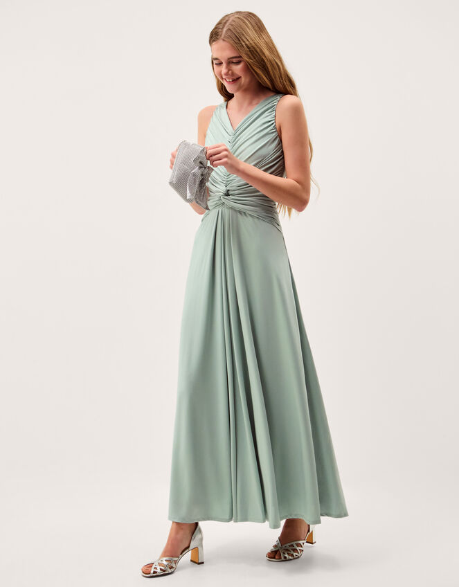 Skye Ruched Knot Jersey Prom Dress, Green (SAGE), large