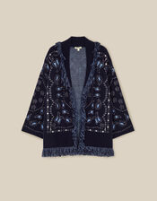 Payton Paisley Fringe Cardigan, Blue (NAVY), large