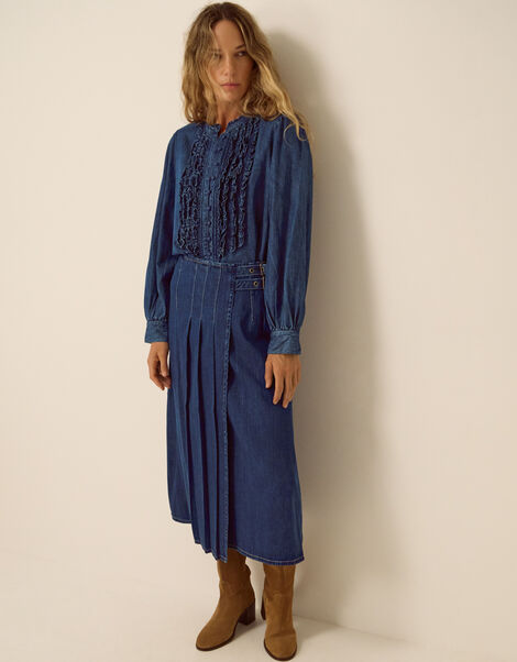 Kitty Denim Kilt Midi Skirt, Blue (INDIGO), large