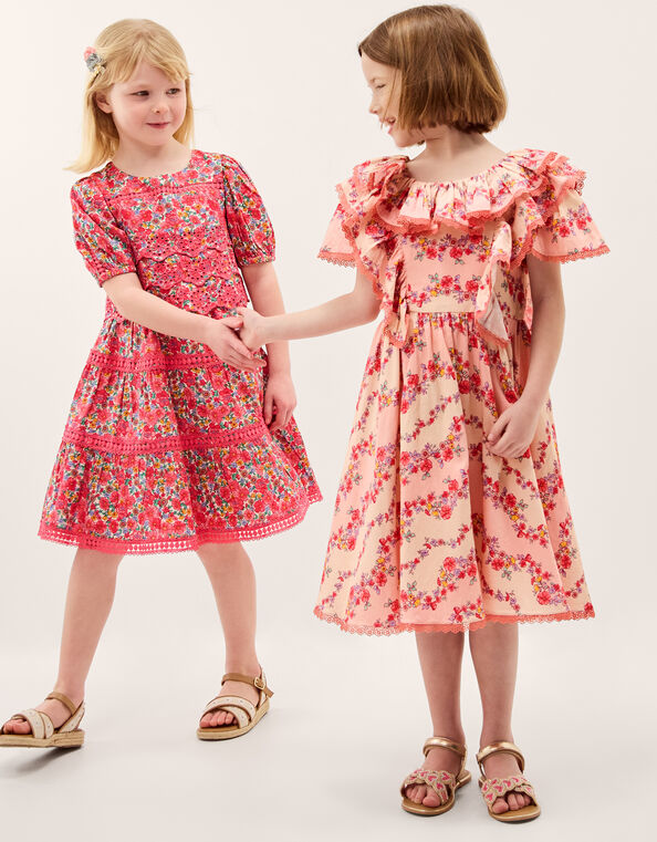 Floral Lace Trim Frill Dress, Pink (PINK), large