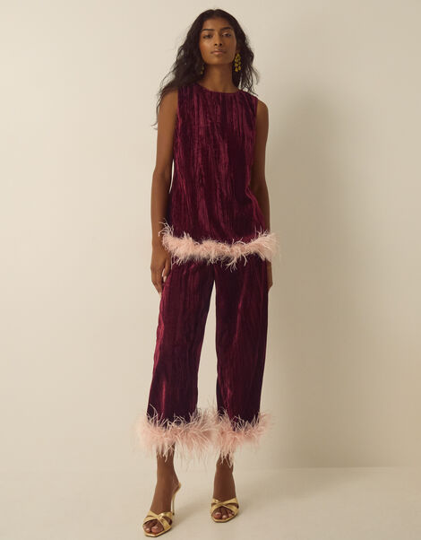 Emma Faux Feather Cropped Velvet Trousers, Red (BURGUNDY), large