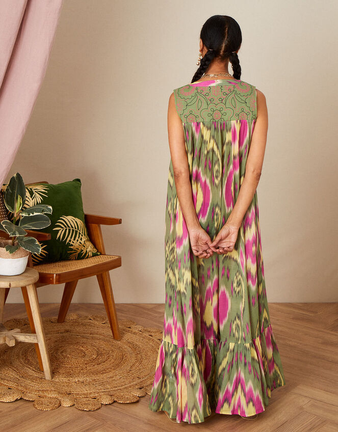 Premium Diamond Ikat Print Smock Dress, Green (GREEN), large