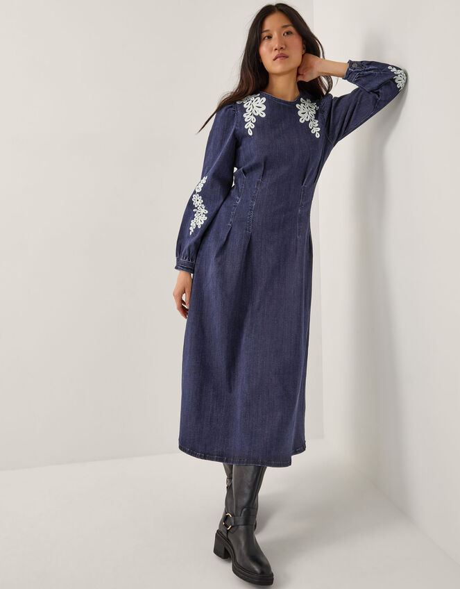 Eileen Embroidered Denim Midi Dress, Blue (INDIGO), large