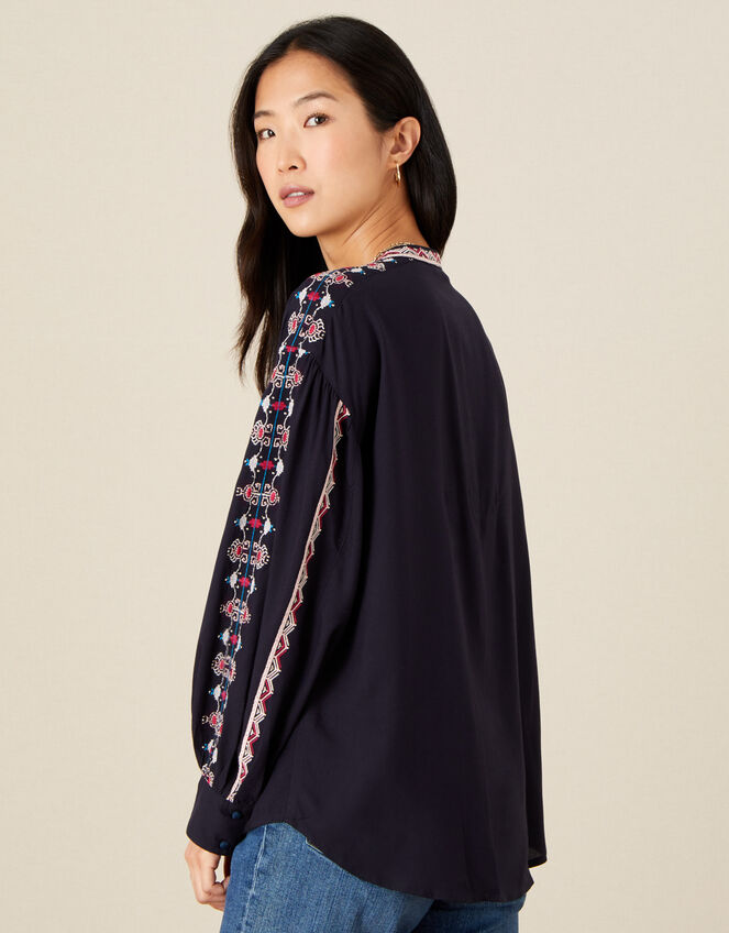 Stripe Embroidered Blouse in LENZING™ ECOVERO™, Blue (NAVY), large