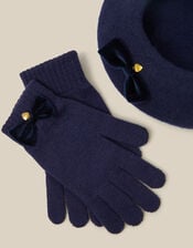 Velvet Bow Wool Beret & Gloves Set, Blue (NAVY), large