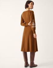 Cleo V-Neck Embroidered Knit Midi Dress, Orange (RUST), large