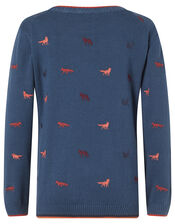 Embroidered Fox Knit Jumper in Organic Cotton, Teal (TEAL), large