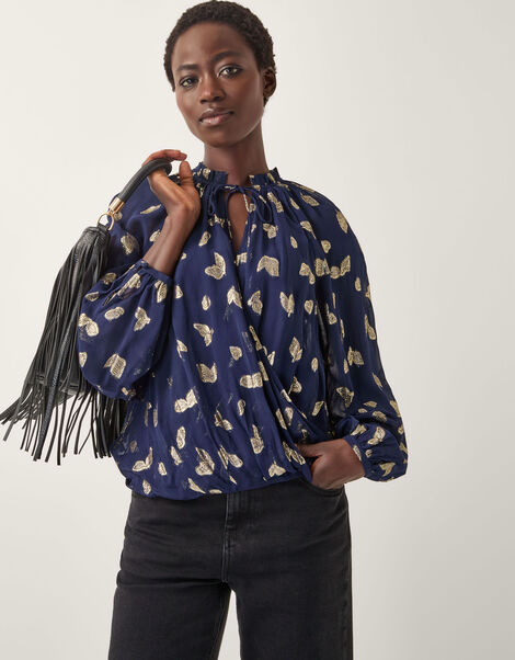 Angela Leaf Print Wrap Blouse, Blue (NAVY), large