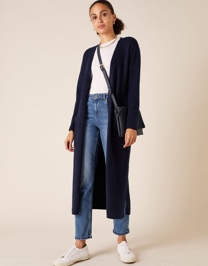 Knit Maxi Cardigan with Recycled Fabric, Blue (NAVY), large