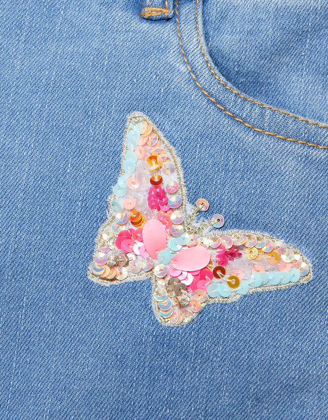 Fluorescent Butterfly Long Denim Shorts, Blue (BLUE), large