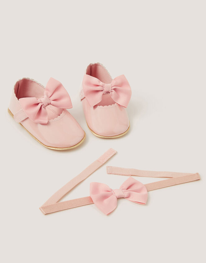Baby Bow Patent Booties & Headband Set, Pink (PINK), large