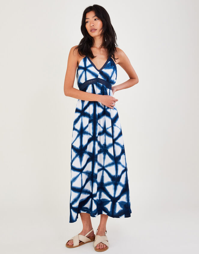 Batik Tie Dye Trim Maxi Dress, Blue (NAVY), large