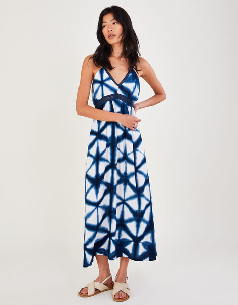 Batik Tie Dye Trim Maxi Dress Blue, Blue (NAVY), large