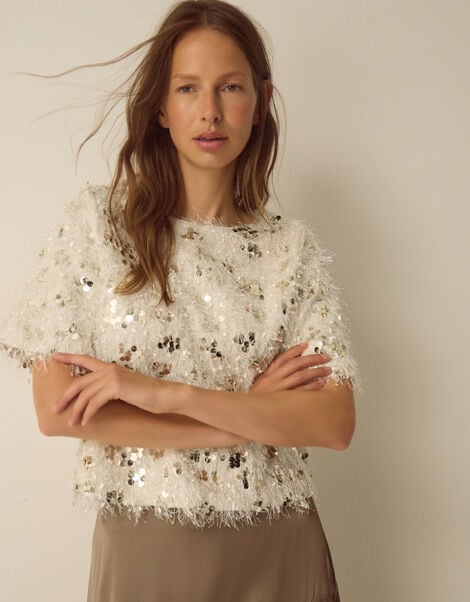 Saskia Short Sleeve Sequin Fringe Top , Ivory (IVORY), large