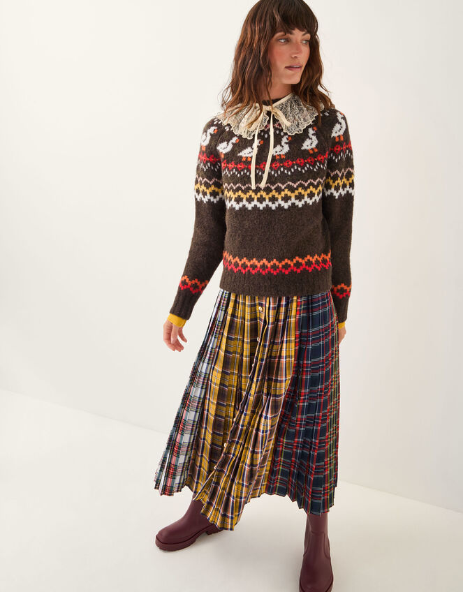 Monsoon x Sarah Corbett-Winder Tartan Pleated Midi Skirt, Yellow (YELLOW), large