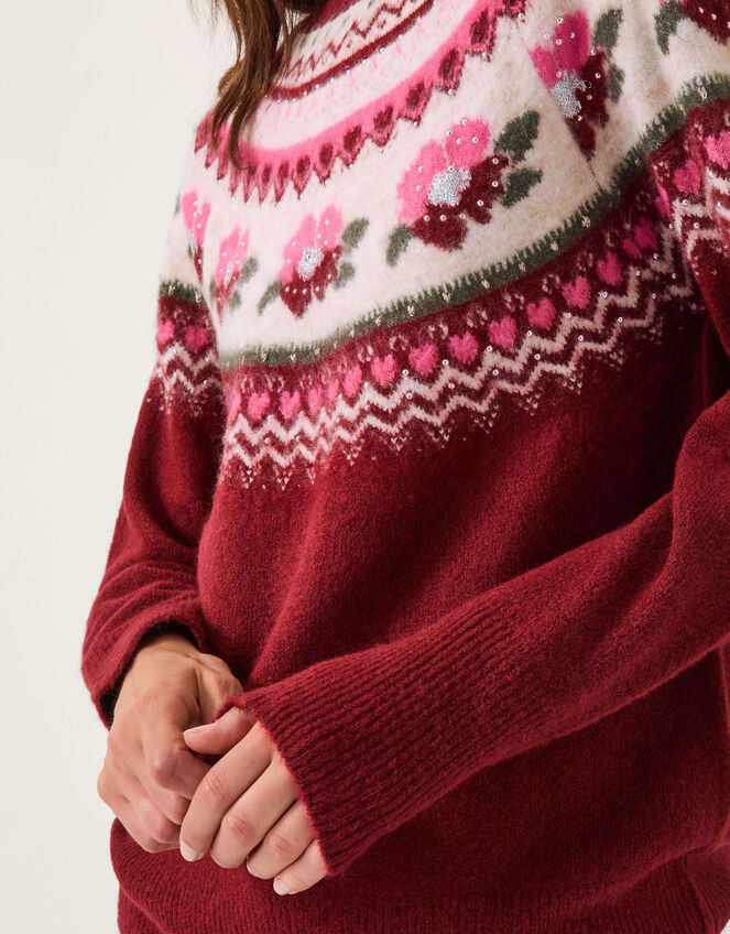 Penny Embellished Fair Isle Jumper, Red (CHERRY), large