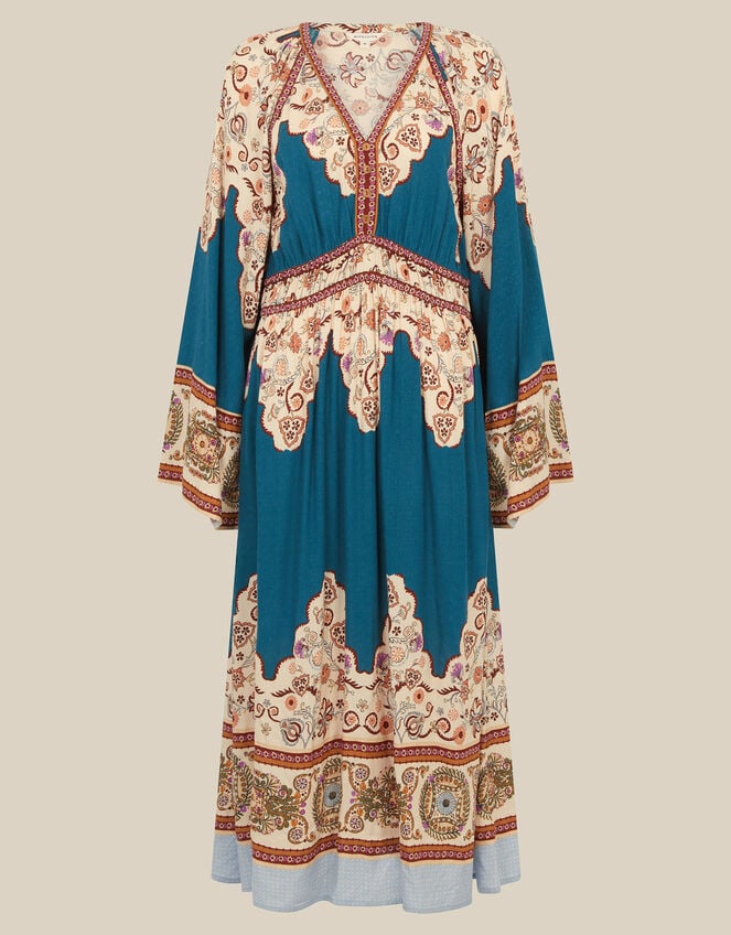 Alexandra Floral Print Boho Midi Dress, Teal (TEAL), large