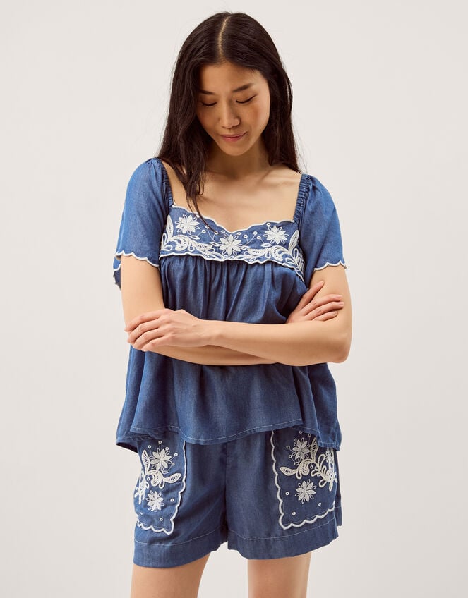 Isla Short Sleeve Embroidered Denim Top, Blue (DENIM BLUE), large
