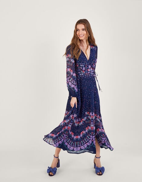 Talitha Print Wrap Dress with Sustainable Viscose Blue, Blue (NAVY), large