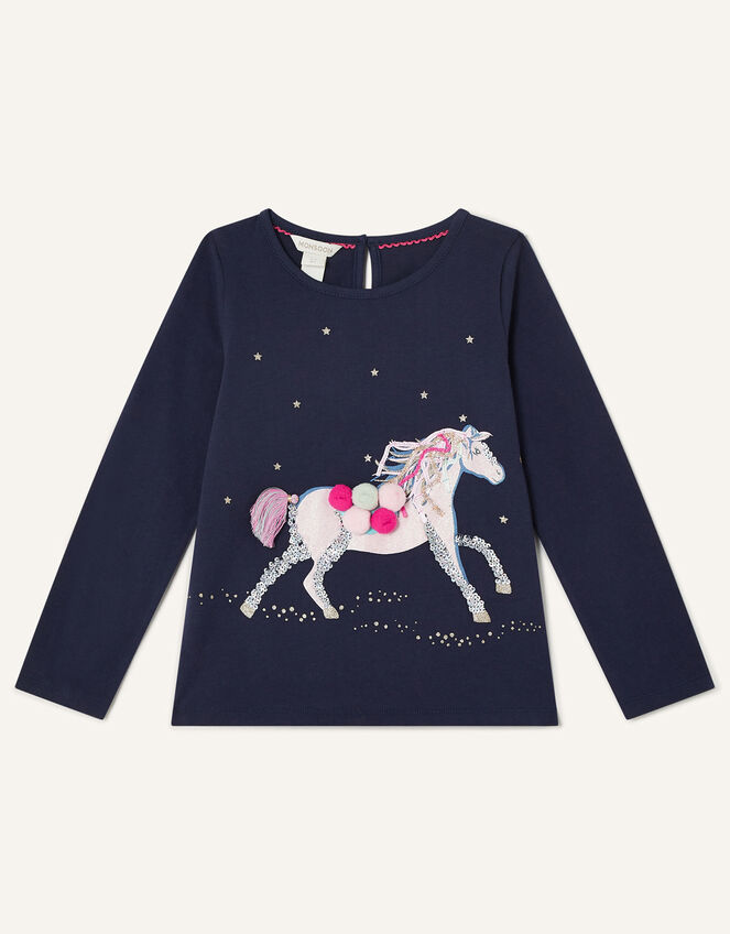 Unicorn Pom Pom Long Sleeve T-Shirt, Blue (NAVY), large