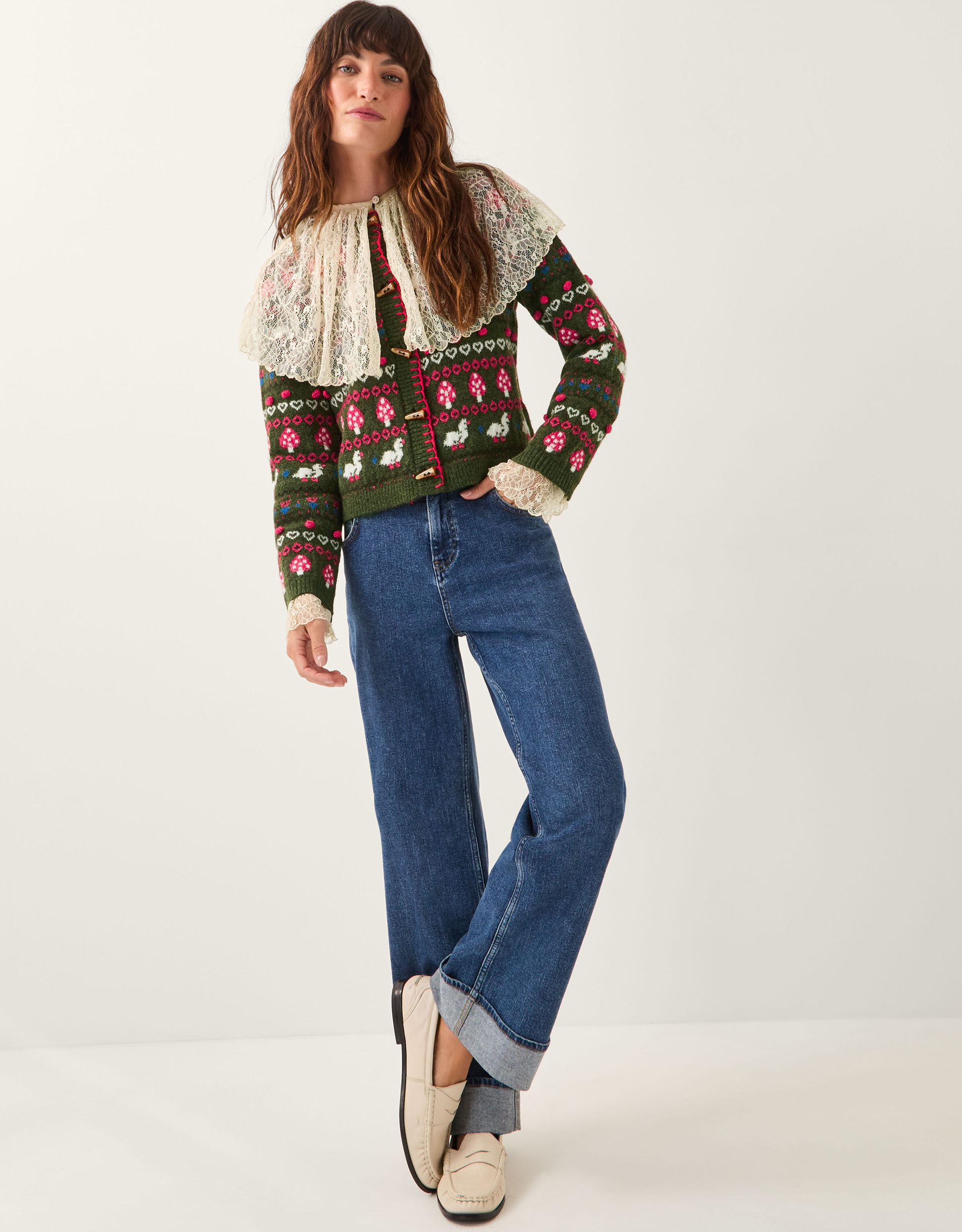 Monsoon x Sarah Corbett-Winder Duck Fair Isle Cardigan Green