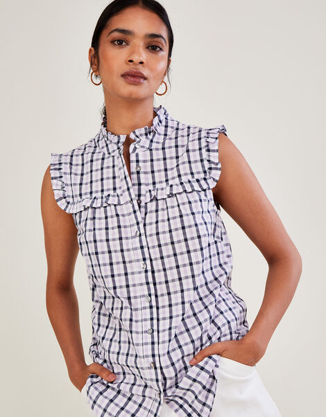 Check Sleeveless Button Through Top Purple, Purple (LILAC), large