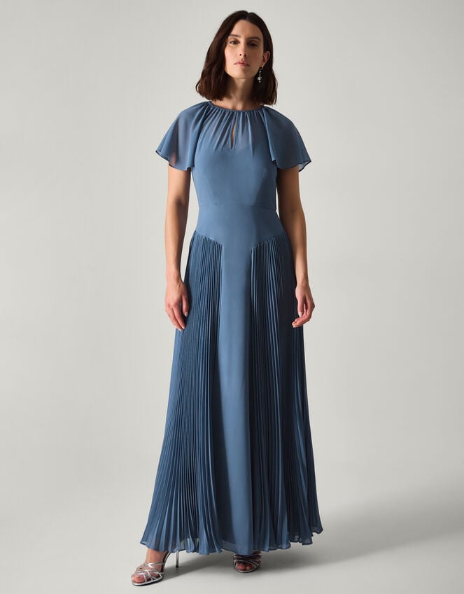 Madison Flutter Sleeve Pleated Bridesmaid Dress, Blue (PETROL), large