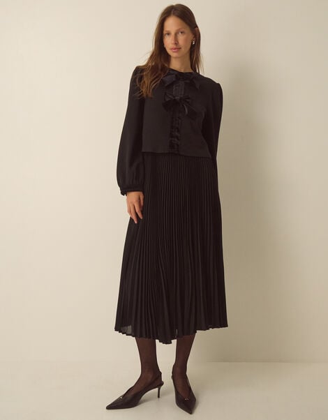 Emilee Velvet Bow Pleated Midi Dress, Black (BLACK), large