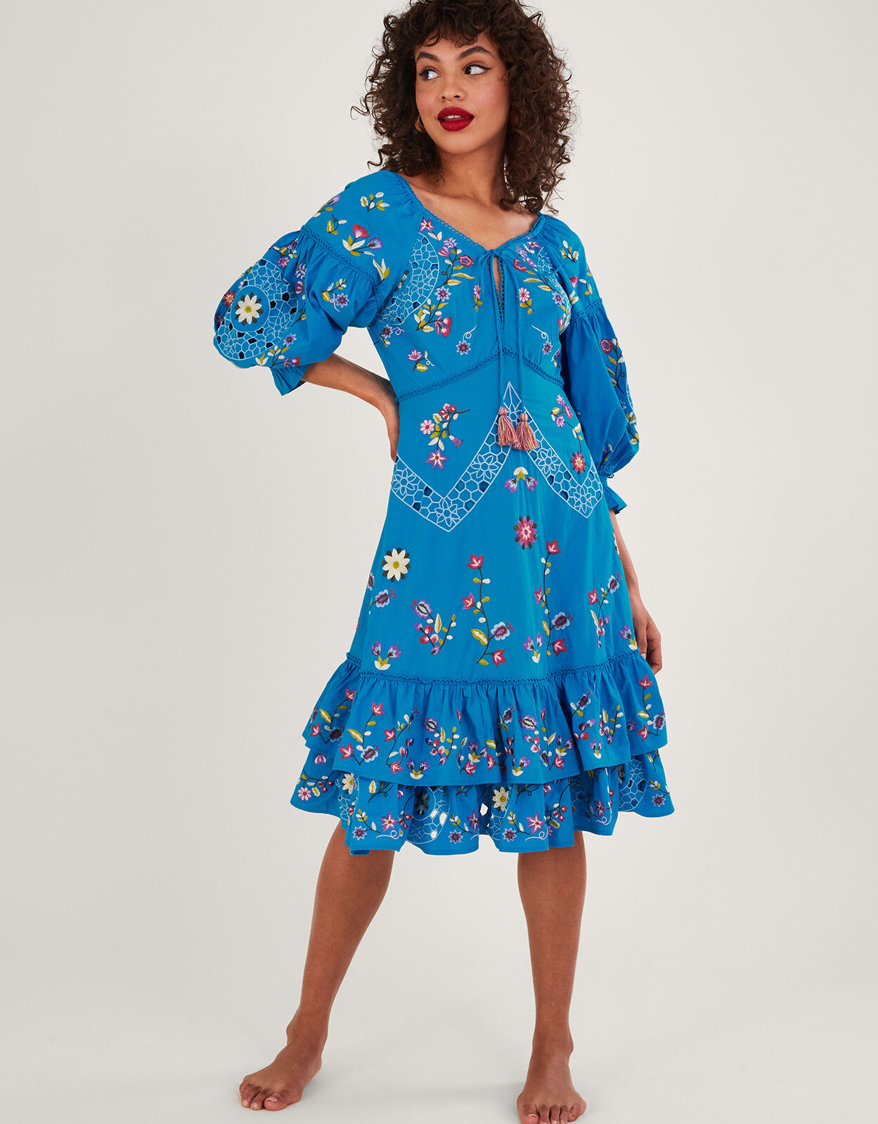 Tina Embroidered Knee Length Dress Blue