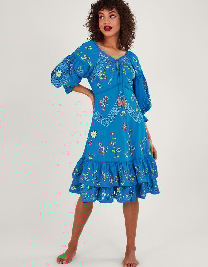Tina Embroidered Knee-Length Dress, Blue (BLUE), large