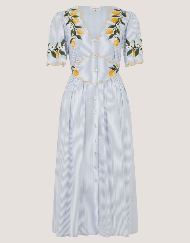 Marisol Lemon Embroidered Stripe Midi Dress, Blue (BLUE), large