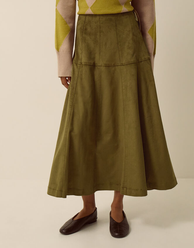 Macy Tie Side Faux Suede Midi Skirt, Green (KHAKI), large