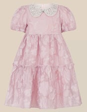 Saffron Sequin Collar Floral Jacquard Party Dress, Pink (PINK), large