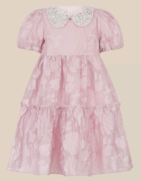 Saffron Sequin Collar Floral Jacquard Party Dress, Pink (PINK), large