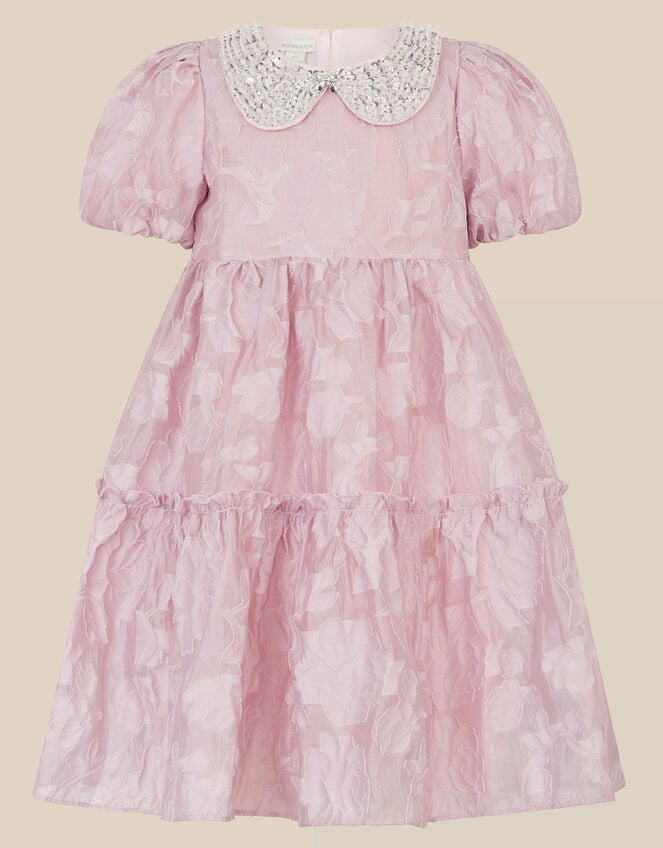 Saffron Sequin Collar Floral Jacquard Party Dress, Pink (PINK), large