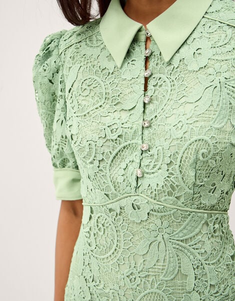 Bridget Puff Sleeve Lace Midi Dress, Green (MINT), large