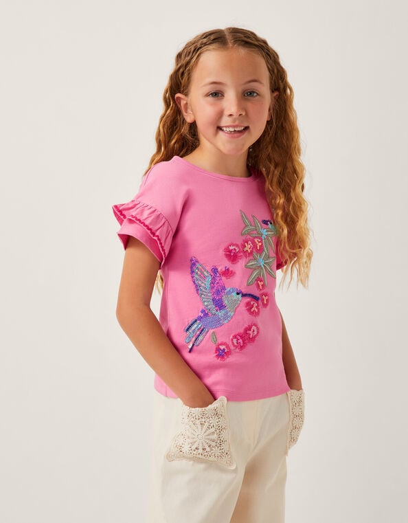Hummingbird Embellished Frill T-Shirt, Pink (PINK), large