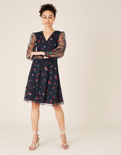 Zariah Strawberry Embroidered Wrap Dress Blue Evening Dresses Monsoon Global