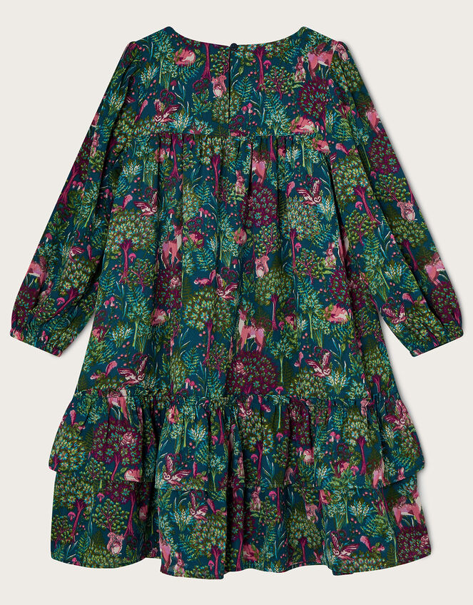 Woodland Deer Scene Long Sleeve Dress, Green (GREEN), large
